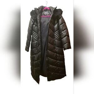 Gallery Black Quilted Long Coat w/Fur Trim Hood